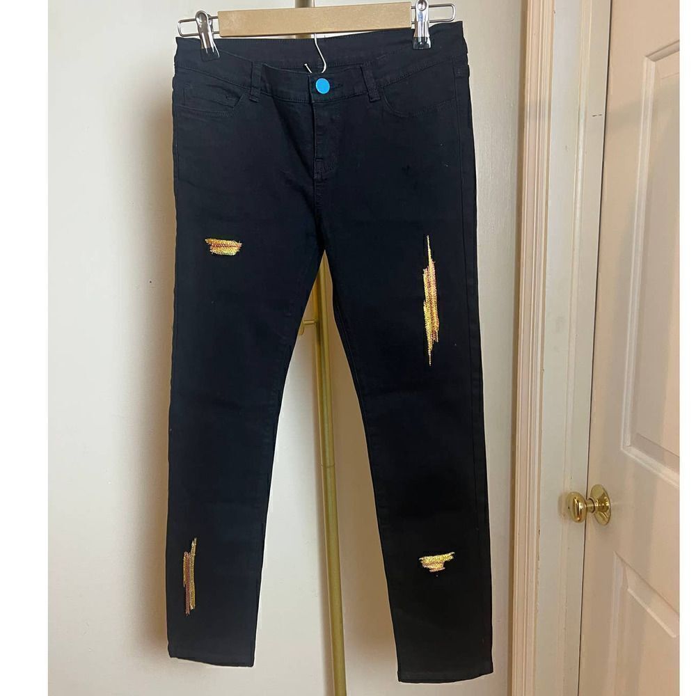 Peri.A Black Gold Digger Embroidered Stretch Denim Jeans Women Sz. 25 — image 2 of 8